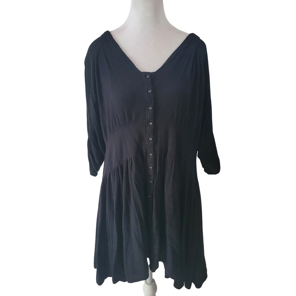 ASOS Size 14 Dress Women Black Button Front Tiered Midi Cottagecore Minimalist‎